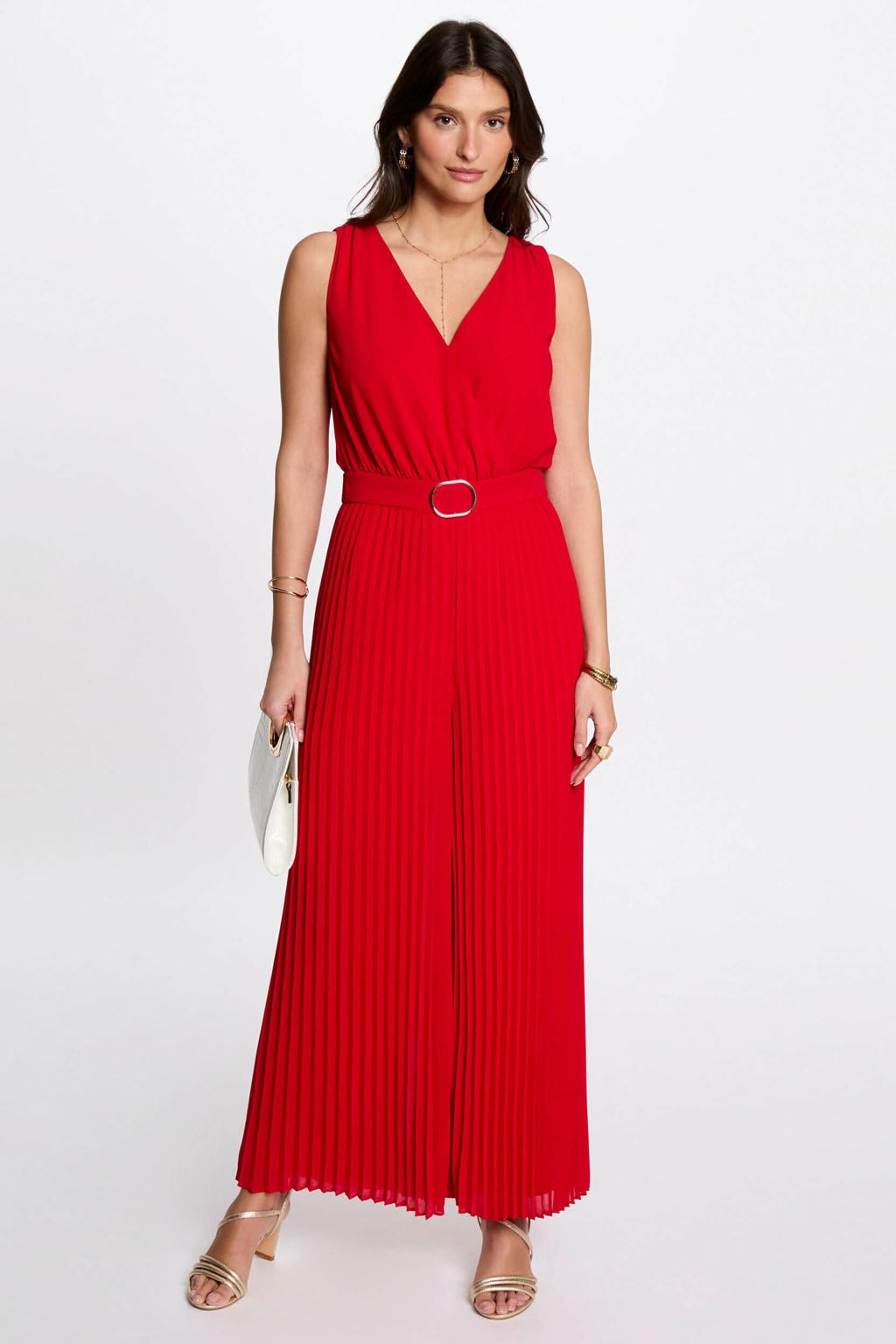 Rode dames Morgan wide leg jumpsuit met effen, V-hals, ritssluiting en plissé details
