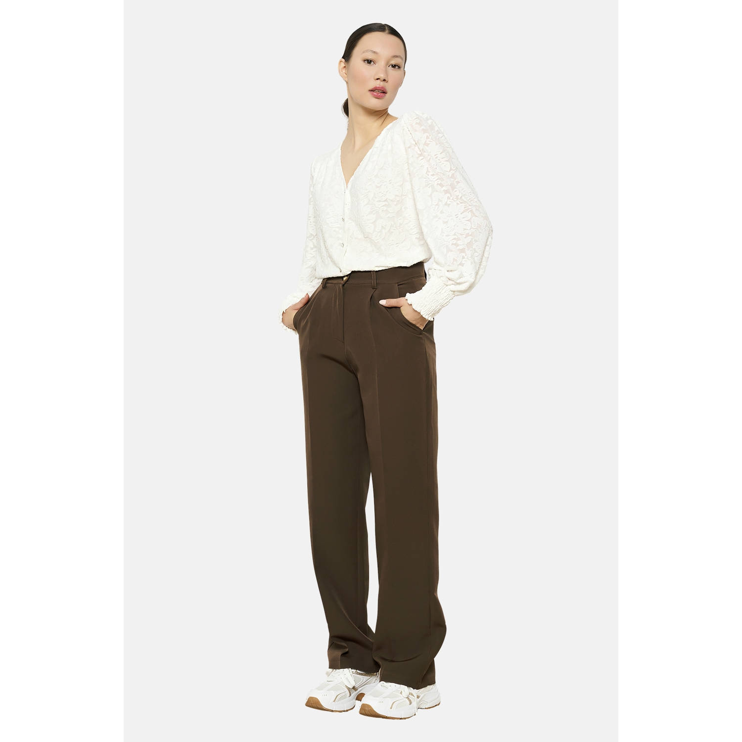 LOLALIZA straight high waist pantalon donkerbruin
