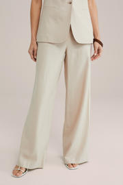 thumbnail: Beige dames WE Fashion wide leg high waist pantalon van linnen met rits- en knoopsluiting en effen