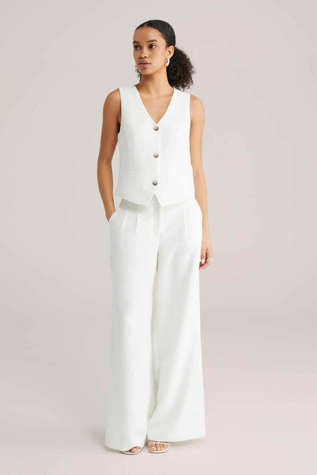 Witte dames WE Fashion wide leg high waist pantalon met rits- en knoopsluiting en effen