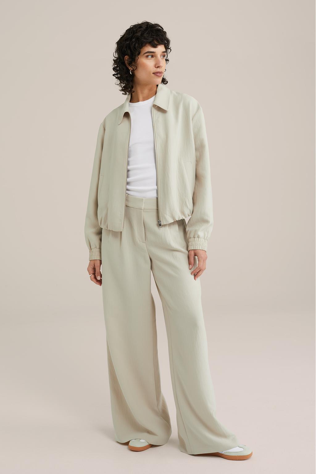 Beige dames WE Fashion wide leg high waist pantalon met rits- en knoopsluiting en effen