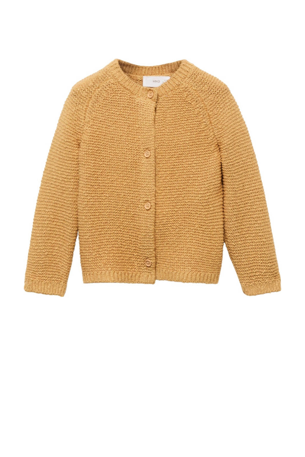 Gele meisjes Mango Kids vest gebreid van katoen met effen, lange mouwen, ronde hals en knoopsluiting