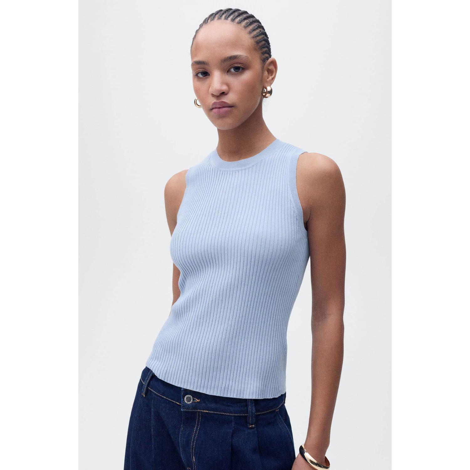 Mango top lichtblauw rib gebreid