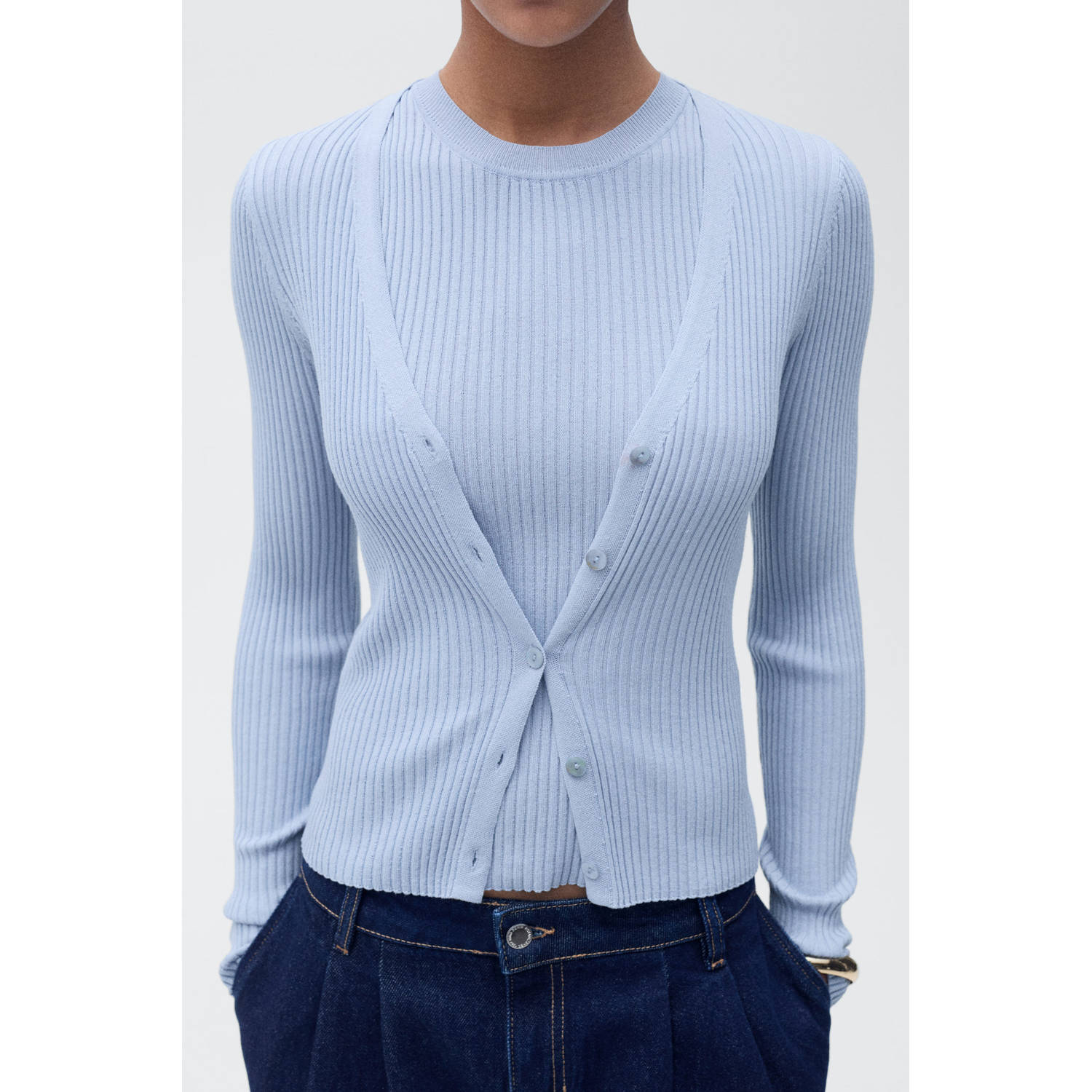 Mango top lichtblauw rib gebreid