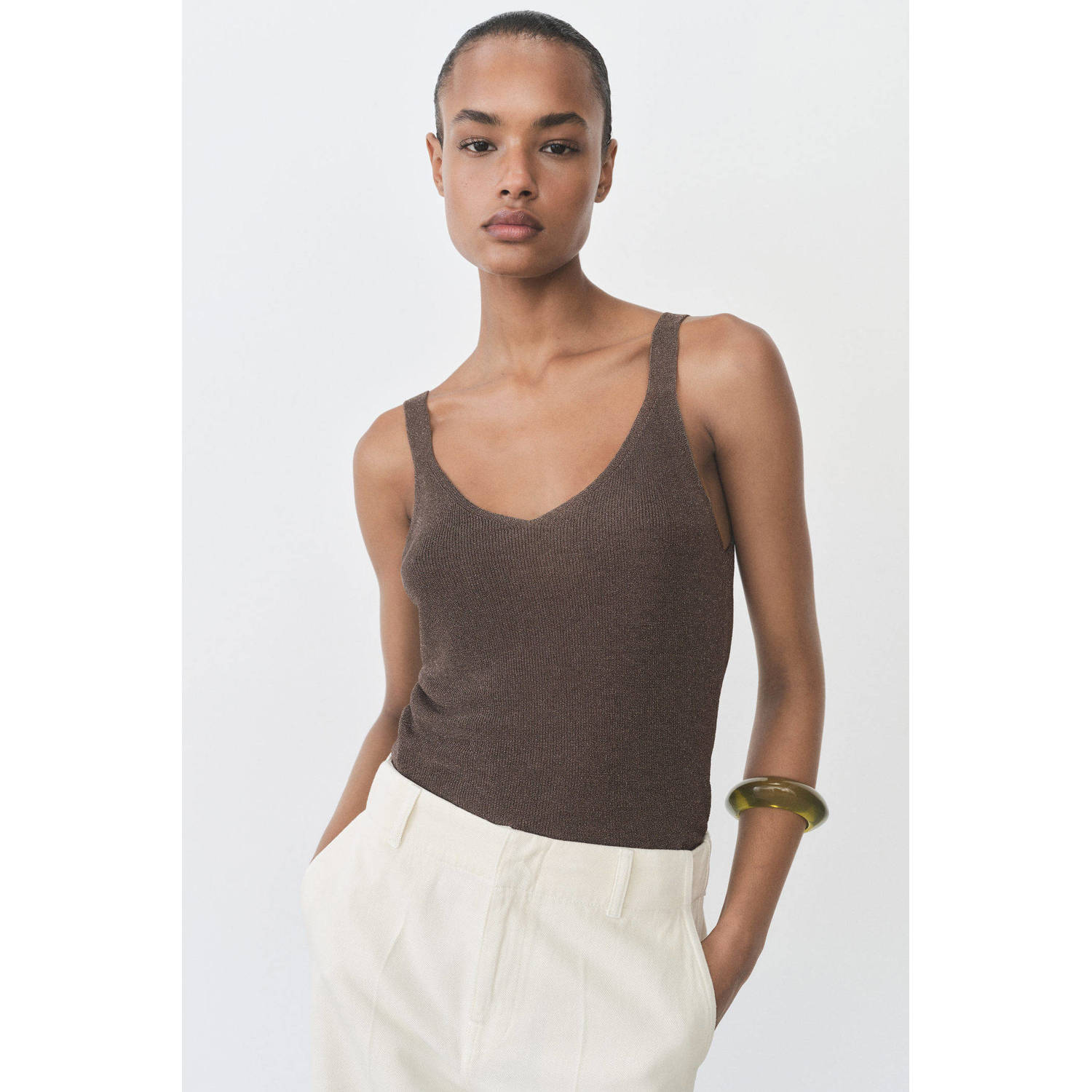 Mango top met glitter donkerbruin