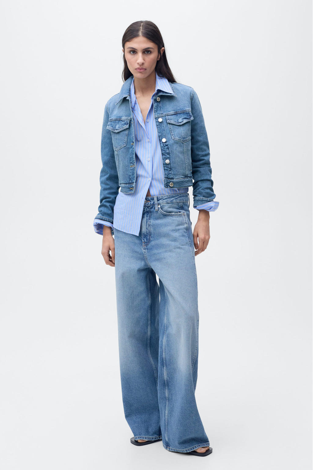 Medium blue denim dames Mango spijkerjas van denim met effen, lange mouwen en klassieke kraag