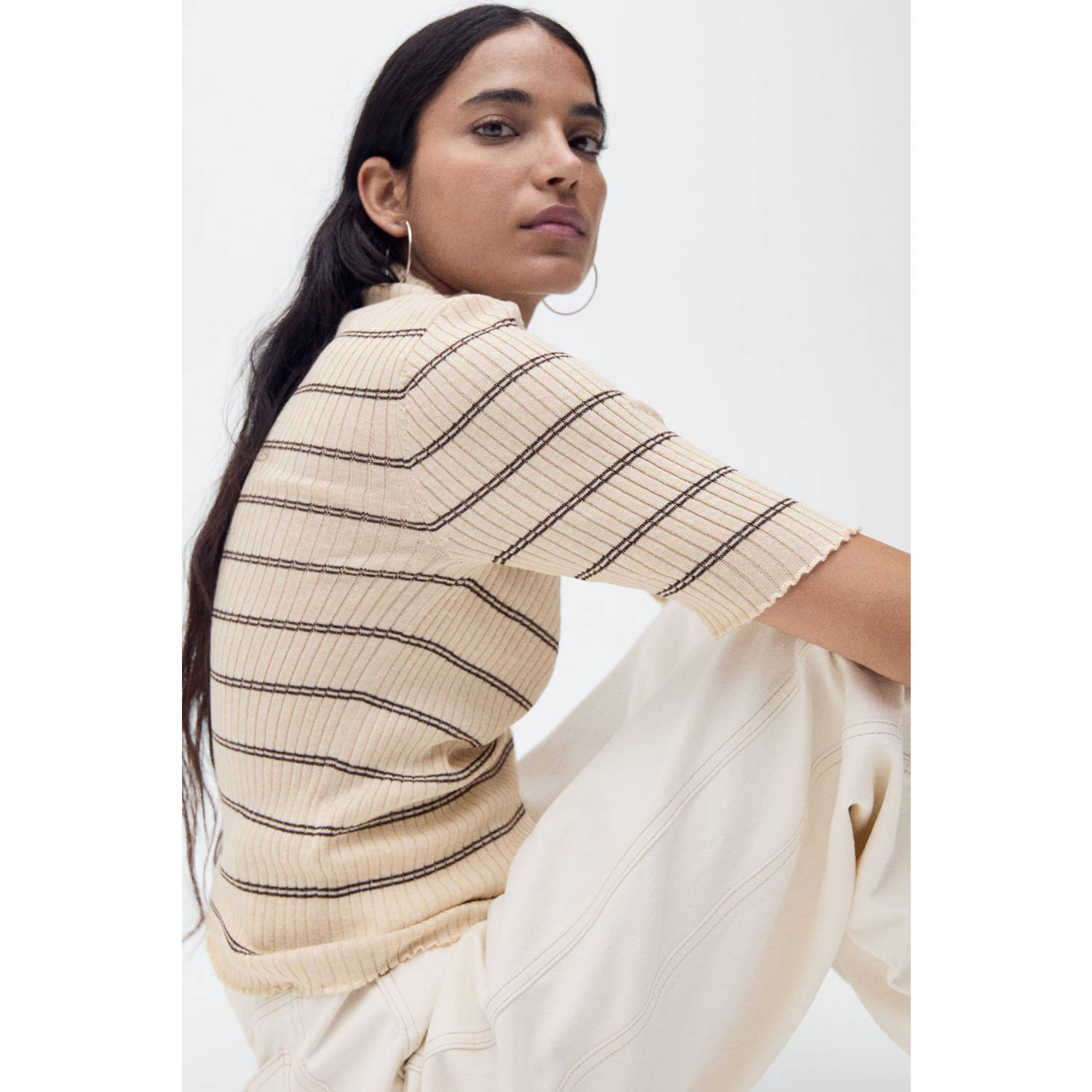 Mango top beige rib gebreid