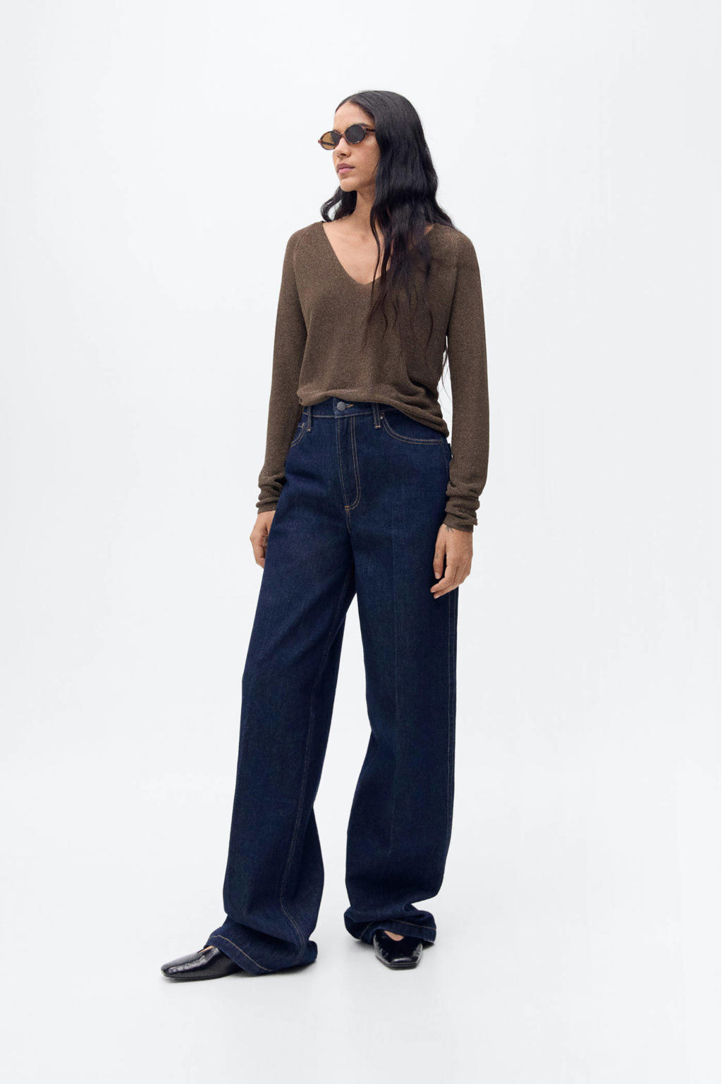 Donkerblauwe dames Mango gebreide trui van polyester met effen, lange mouwen, V-hals en lurex