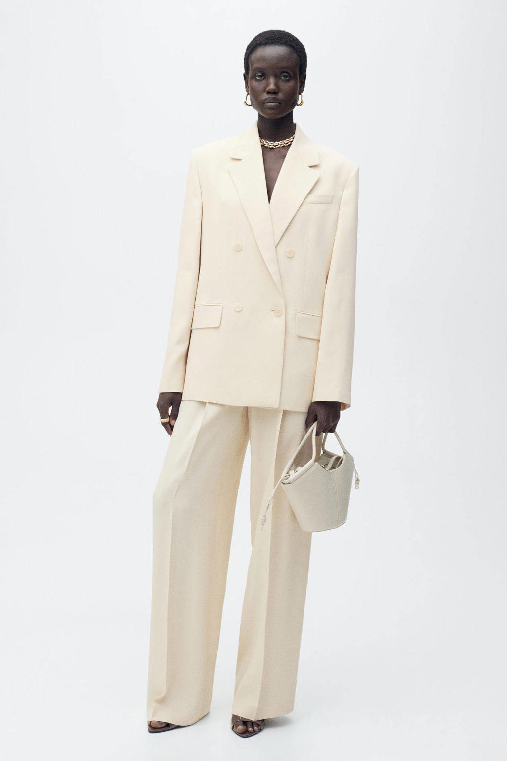 Ecru dames Mango regular blazer van viscose met effen, lange mouwen, V-hals en knoopsluiting