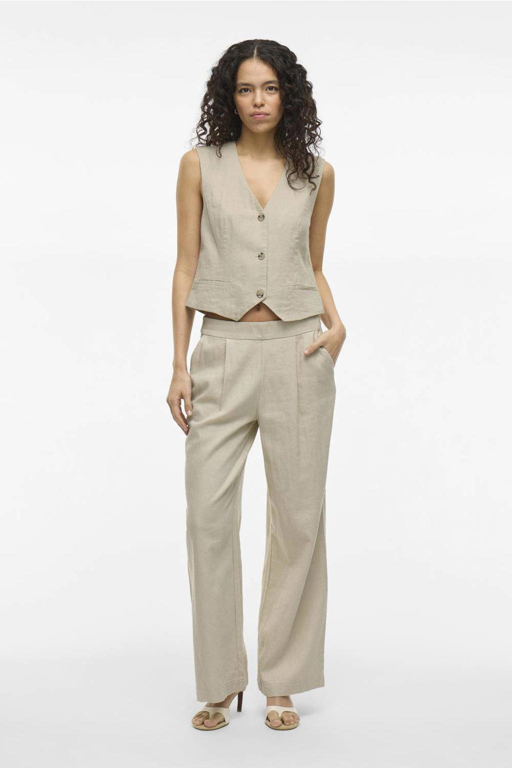 Beige dames VILA gilet van linnen met effen, vierkante hals en knoopsluiting