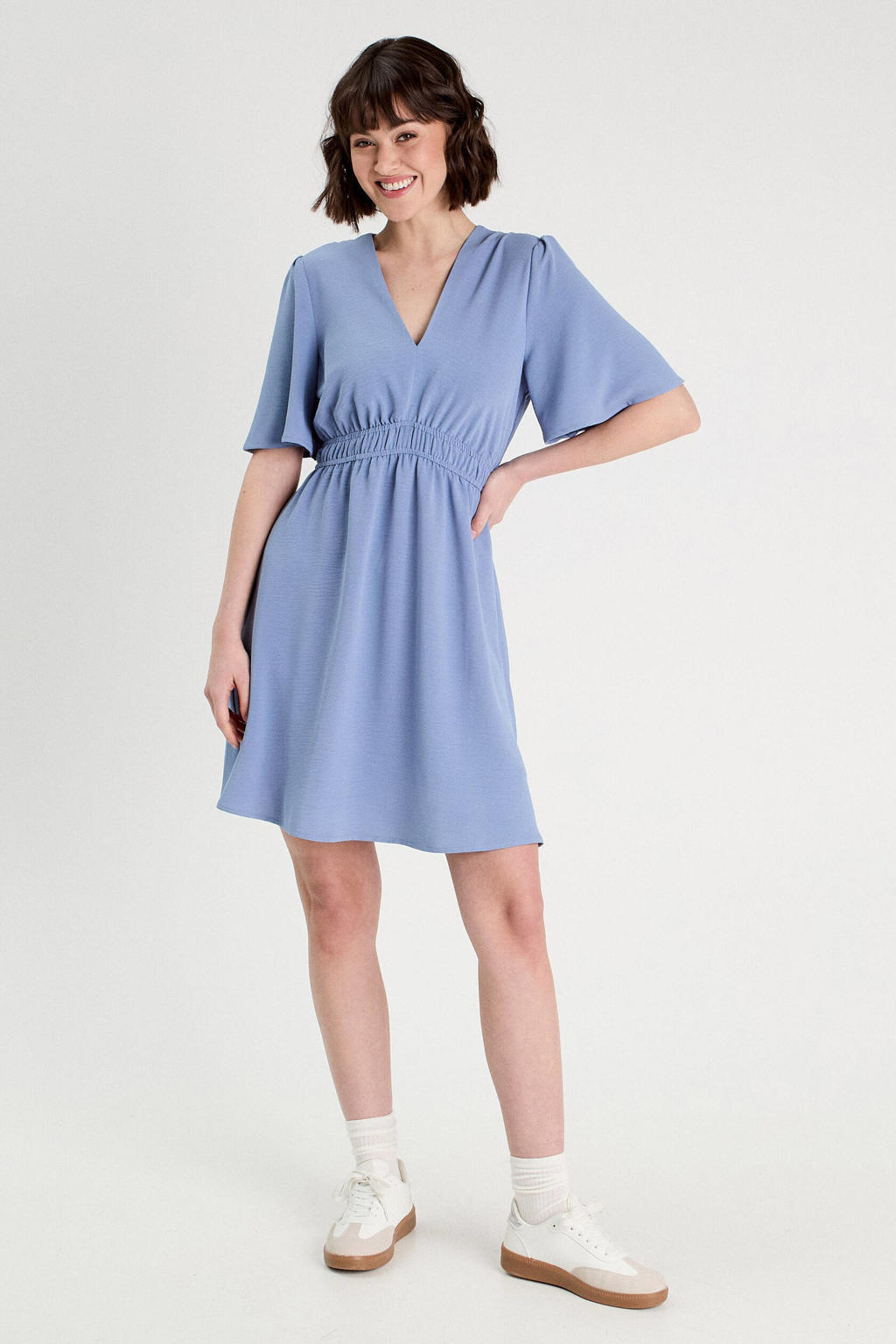 Grijsblauwe dames Cache Cache jurk blauw van polyester met effen, korte mouwen, V-hals en plooien