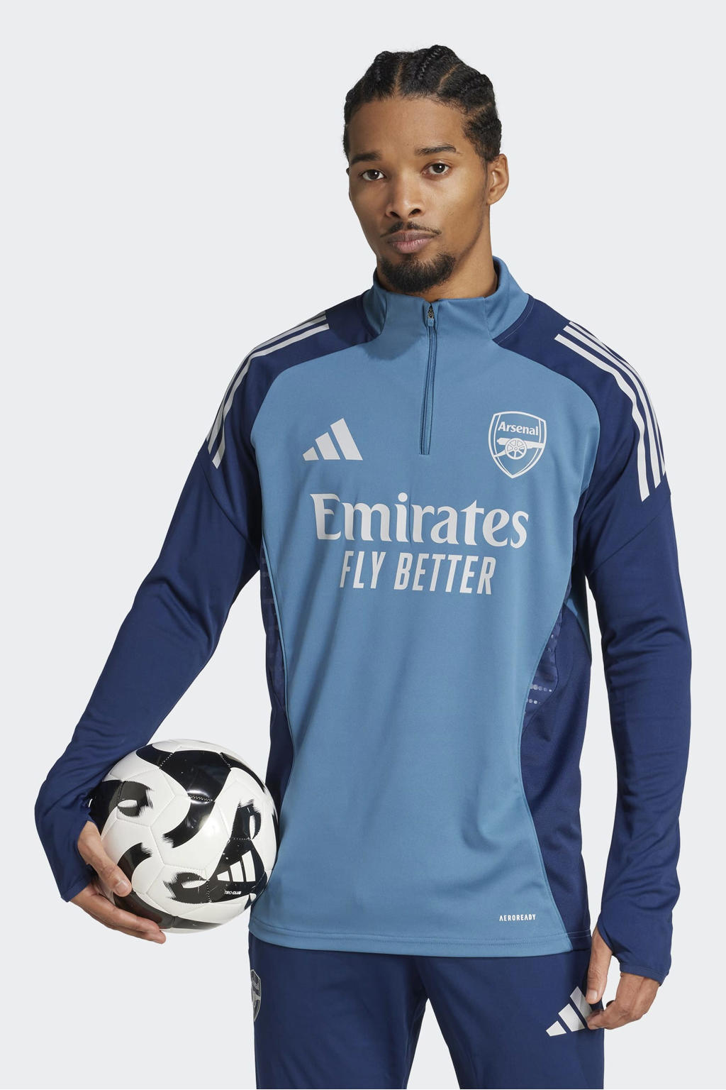 Blauwe heren adidas Performance Senior Arsenal FC voetbalshirt Training van polyester met lange mouwen, opstaande kraag en halve rits