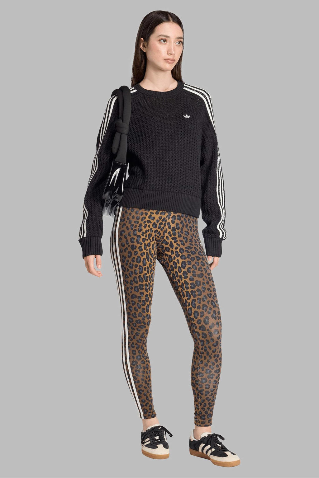 Bruin, zwart en witte dames adidas Originals legging Leopard van katoen met slim fit, regular waist en dierenprint