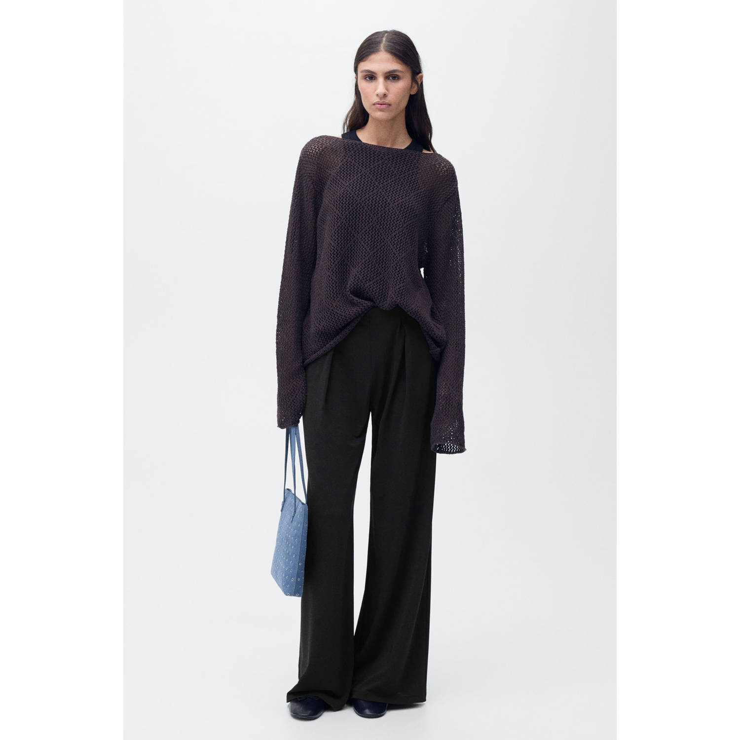 Mango wide leg regular waist broek zwart