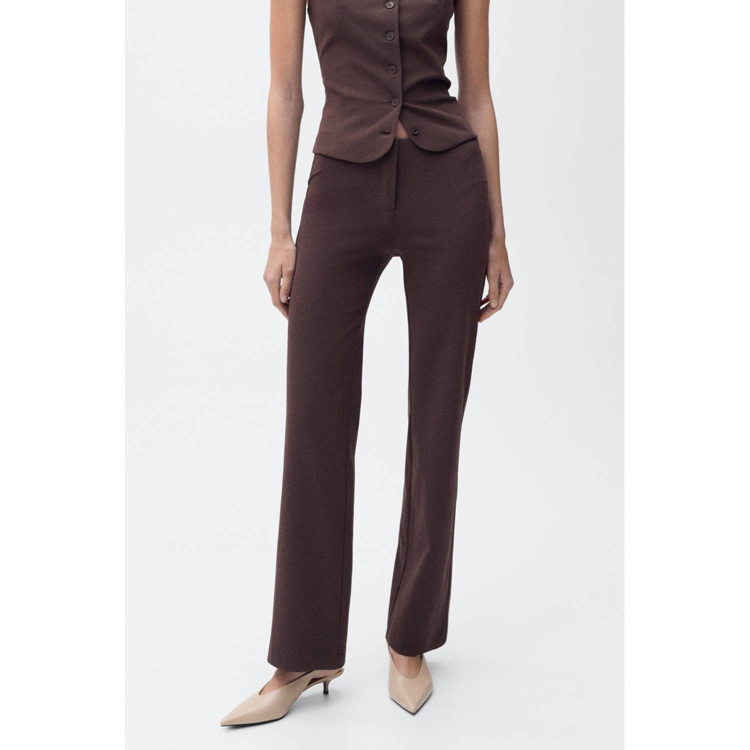 Mango straight low waist pantalon donkerbruin