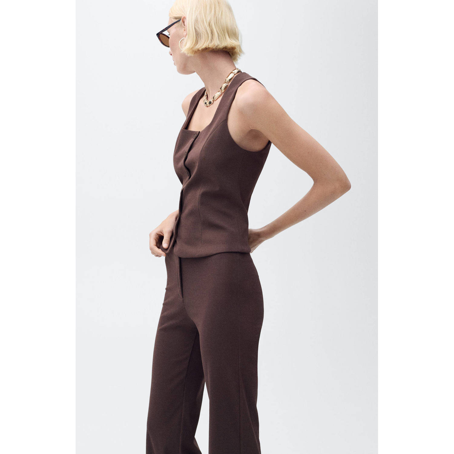 Mango straight low waist pantalon donkerbruin
