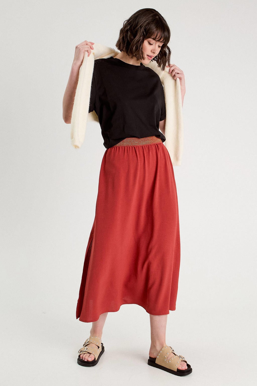 Koraalrode dames Cache Cache midi rok gemaakt van polyester