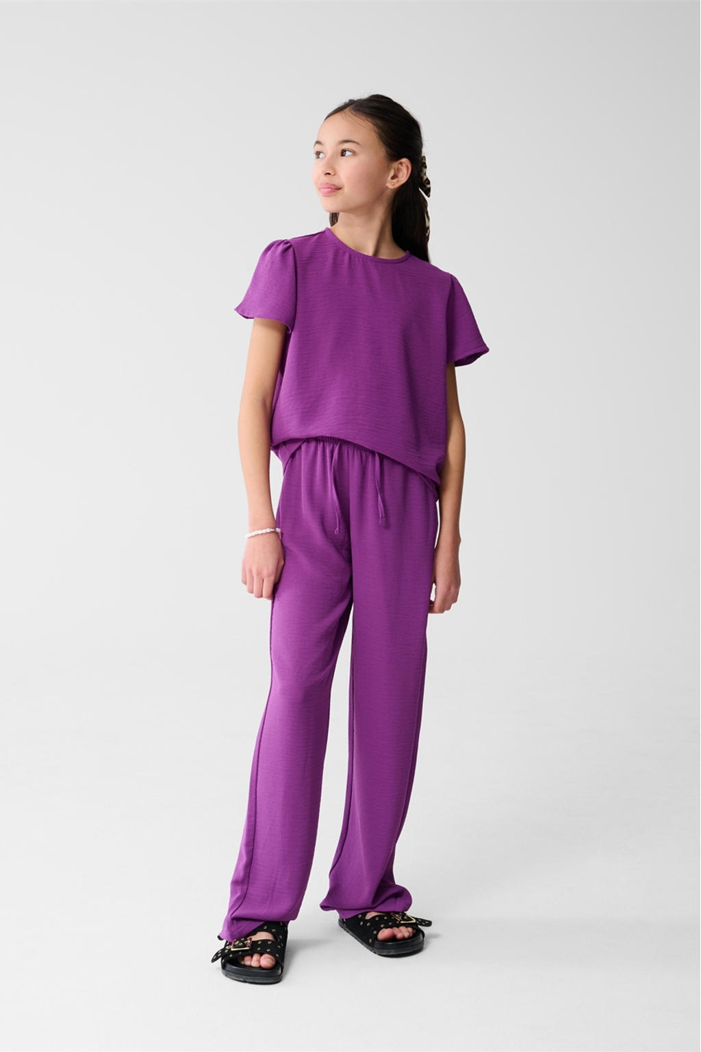 Paarse meisjes Shoeby wide leg casual broek met high waist, elastische tailleband met koord en effen