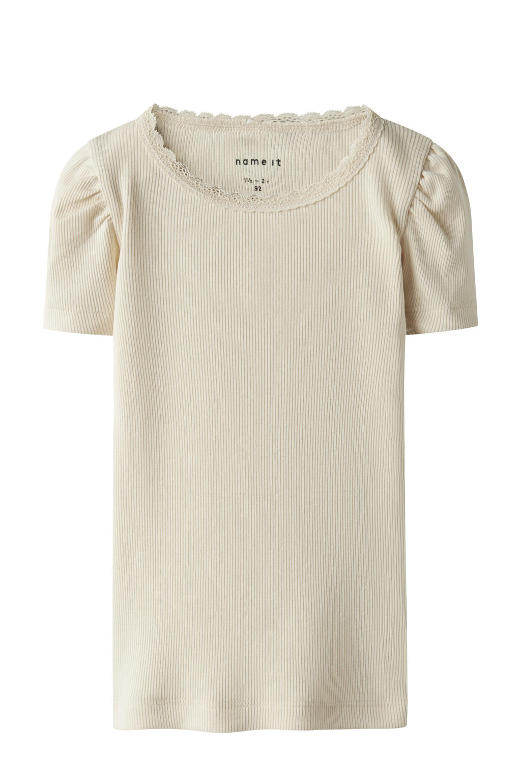 Beige meisjes NAME IT MINI T-shirt rib gebreid lichtzand van stretchkatoen met effen, korte mouwen en ronde hals