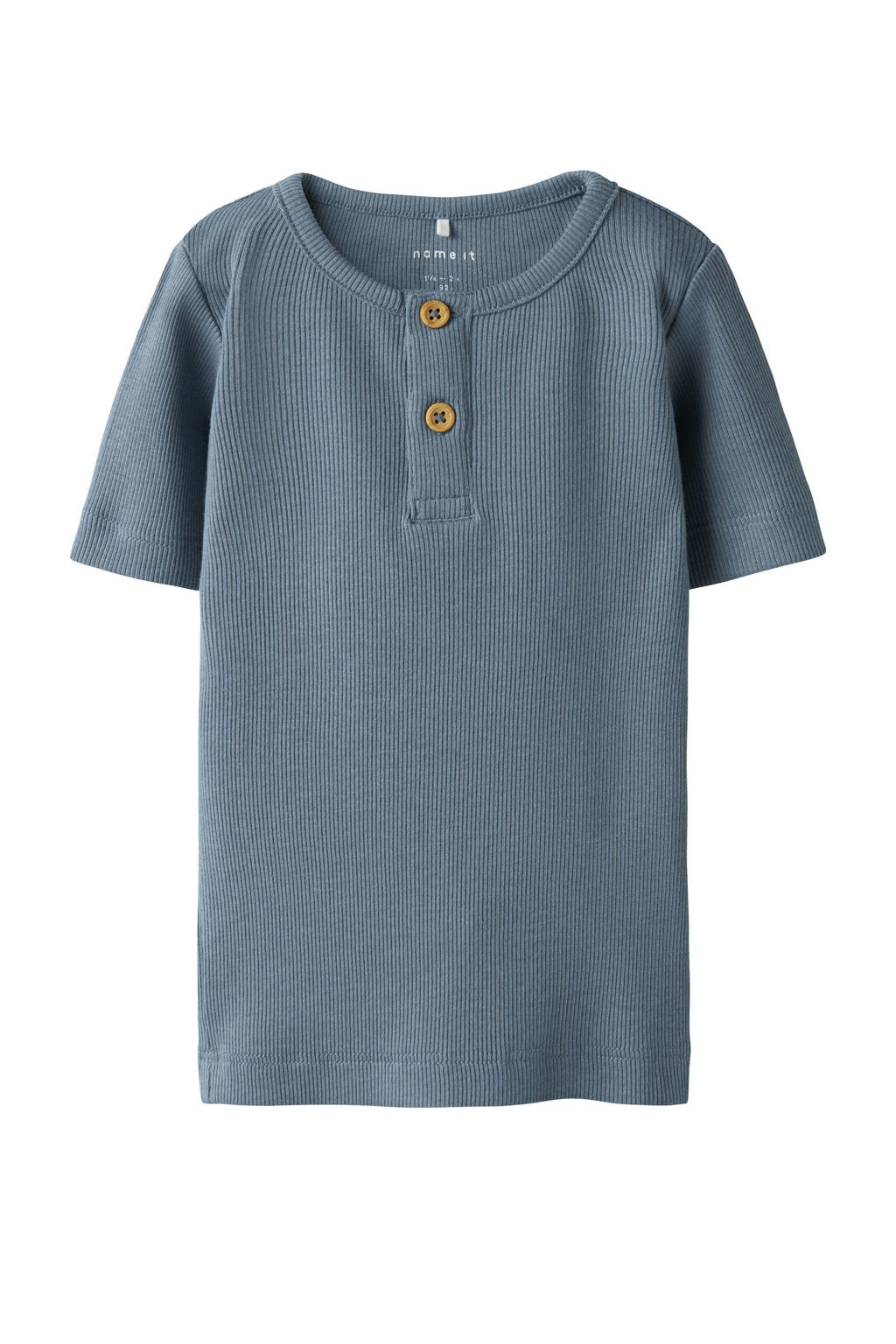 Turquoise jongens NAME IT MINI T-shirt van stretchkatoen met effen, korte mouwen, ronde hals, knoopsluiting en gebreide details