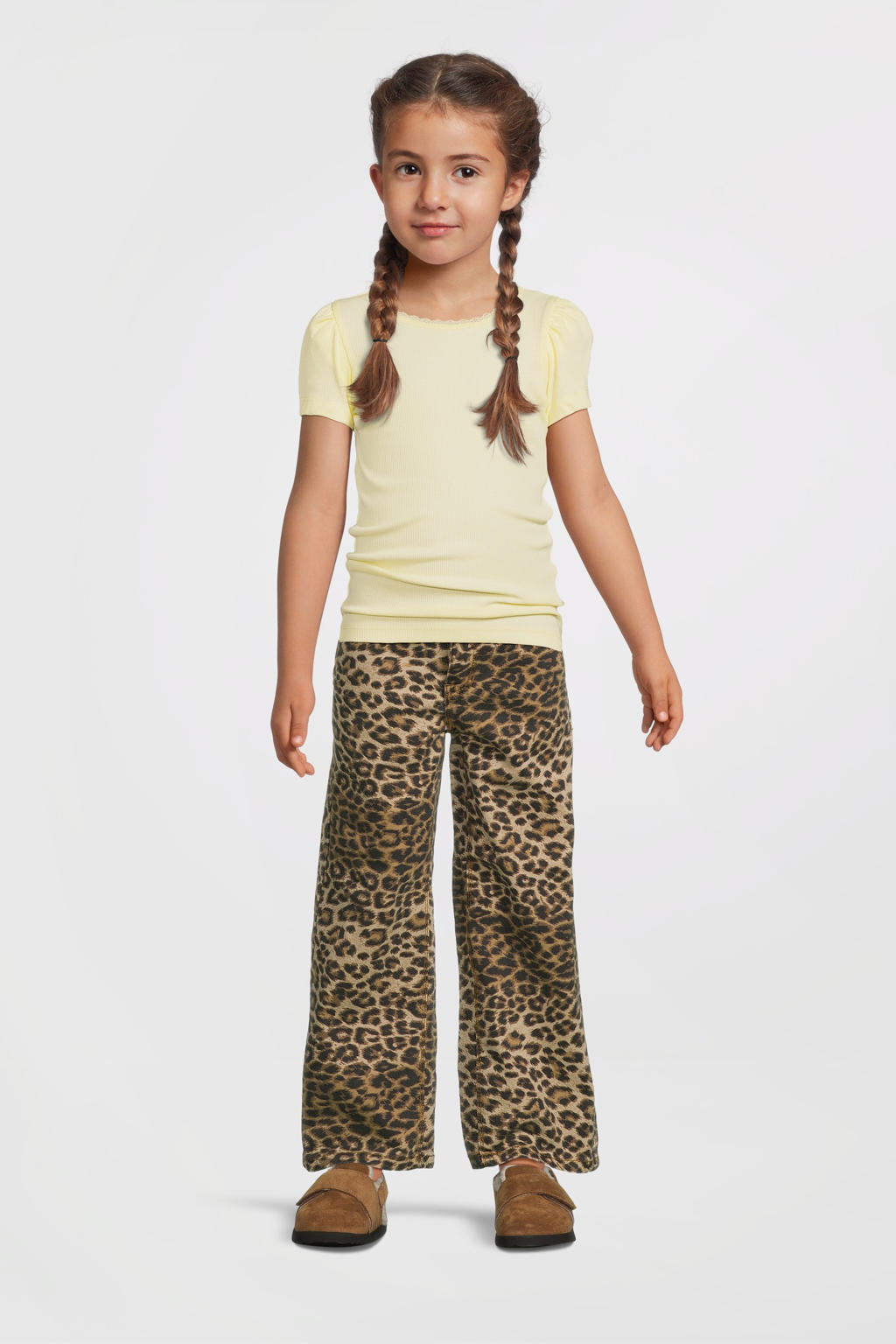 Gele meisjes NAME IT MINI T-shirt rib gebreid van stretchkatoen met effen, korte mouwen en ronde hals
