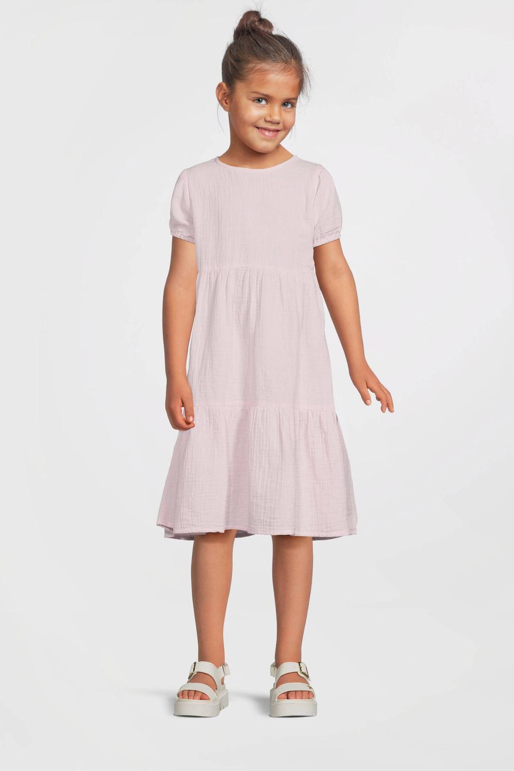 Roze meisjes NAME IT MINI A-lijn jurk van katoen met effen, korte mouwen, ronde hals en knoopsluiting