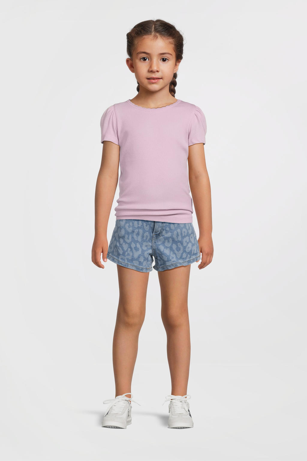 Paarse meisjes NAME IT MINI T-shirt rib gebreid van stretchkatoen met effen, korte mouwen en ronde hals