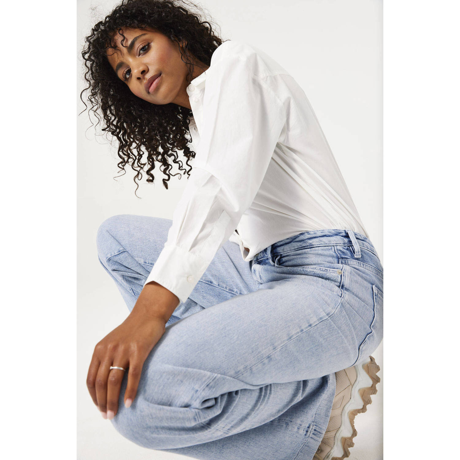Garcia high waist wide leg jeans light blue denim met strass steentjes