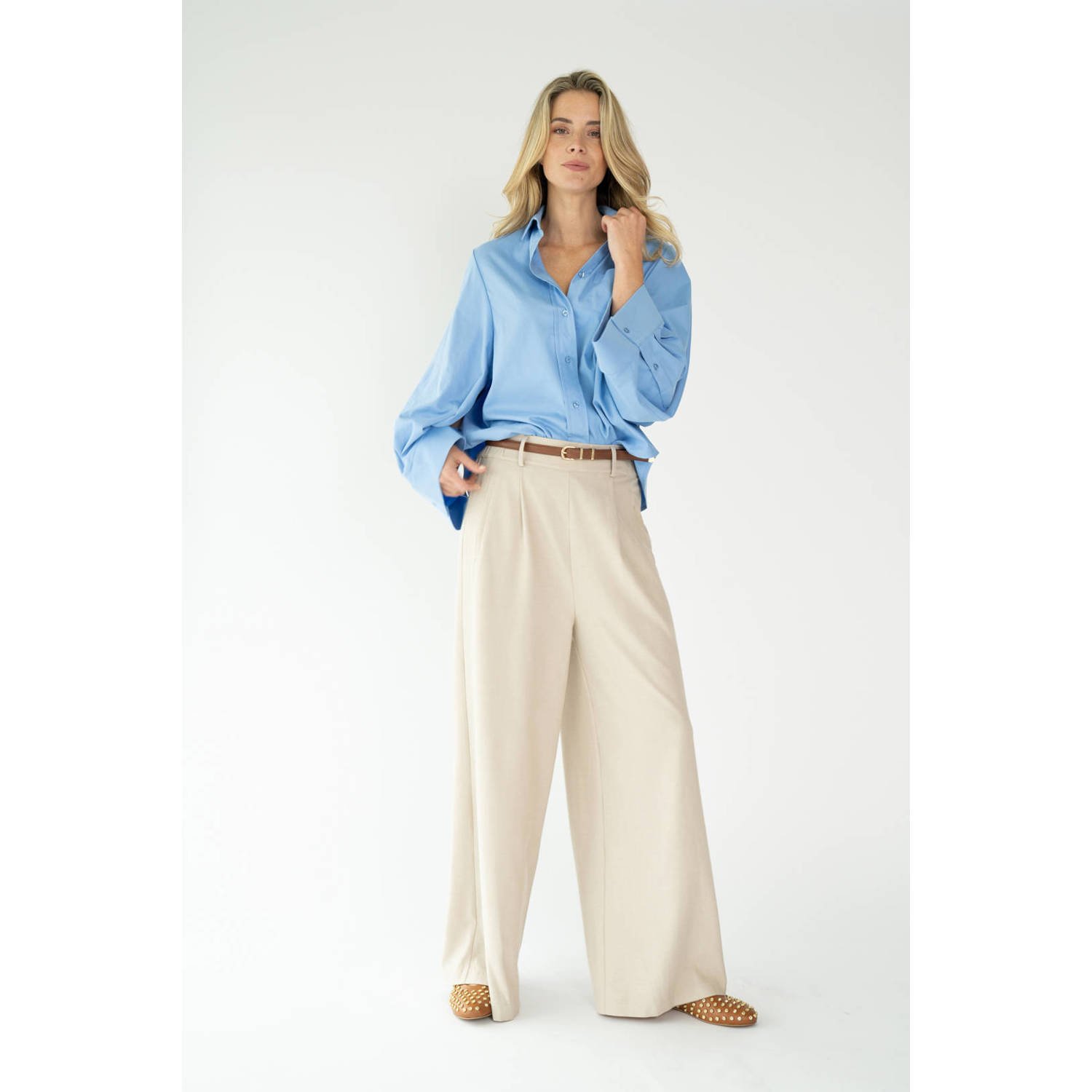 Est'seven X Ellemieke wide leg regular waist pantalon beige