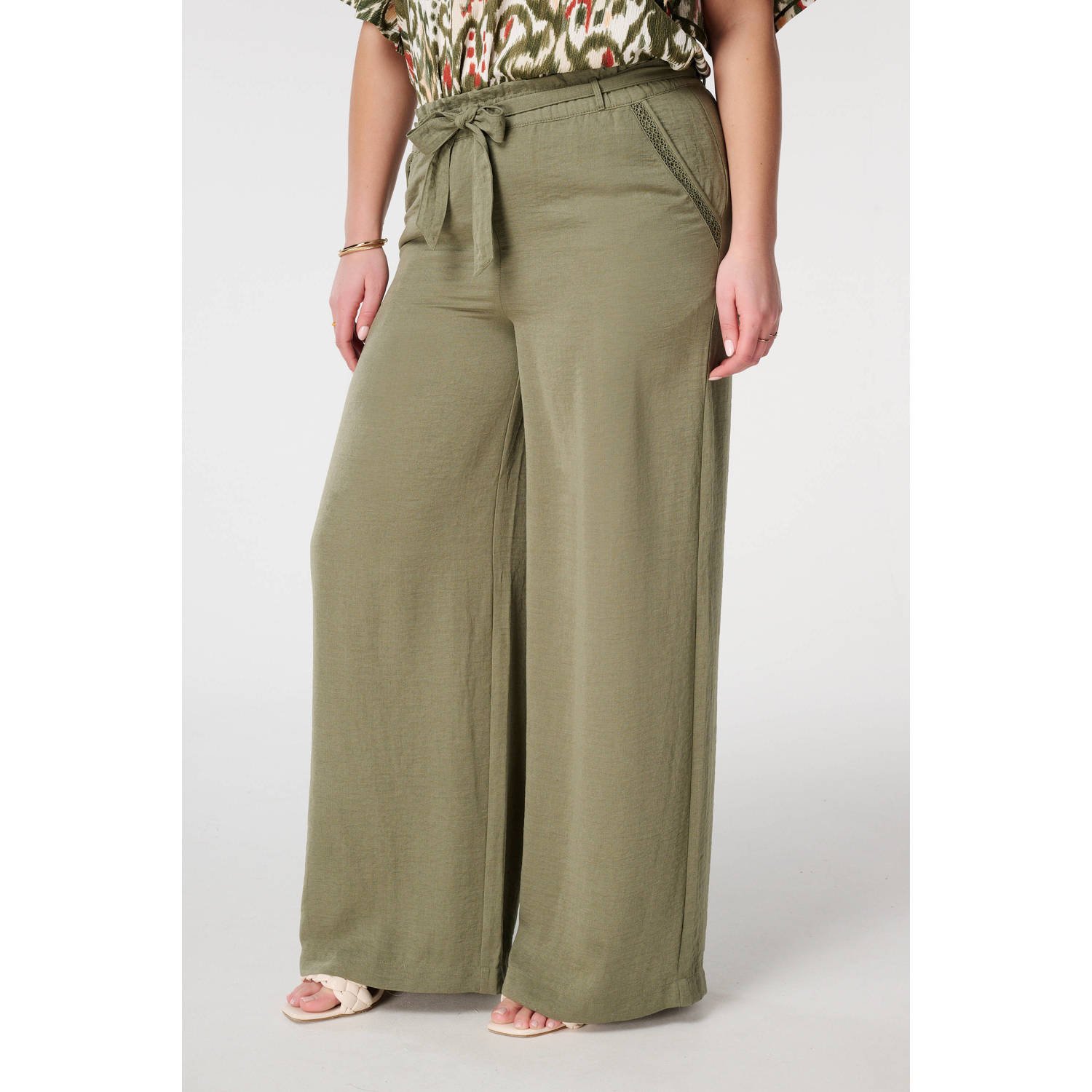 MS Mode wide leg regular waist casual broek kaki broderie