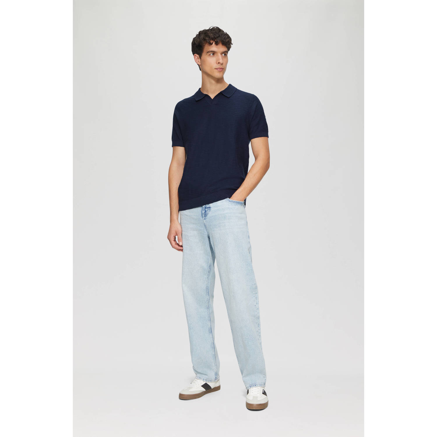 s.Oliver regular polo met ingebreid patroon donkerblauw