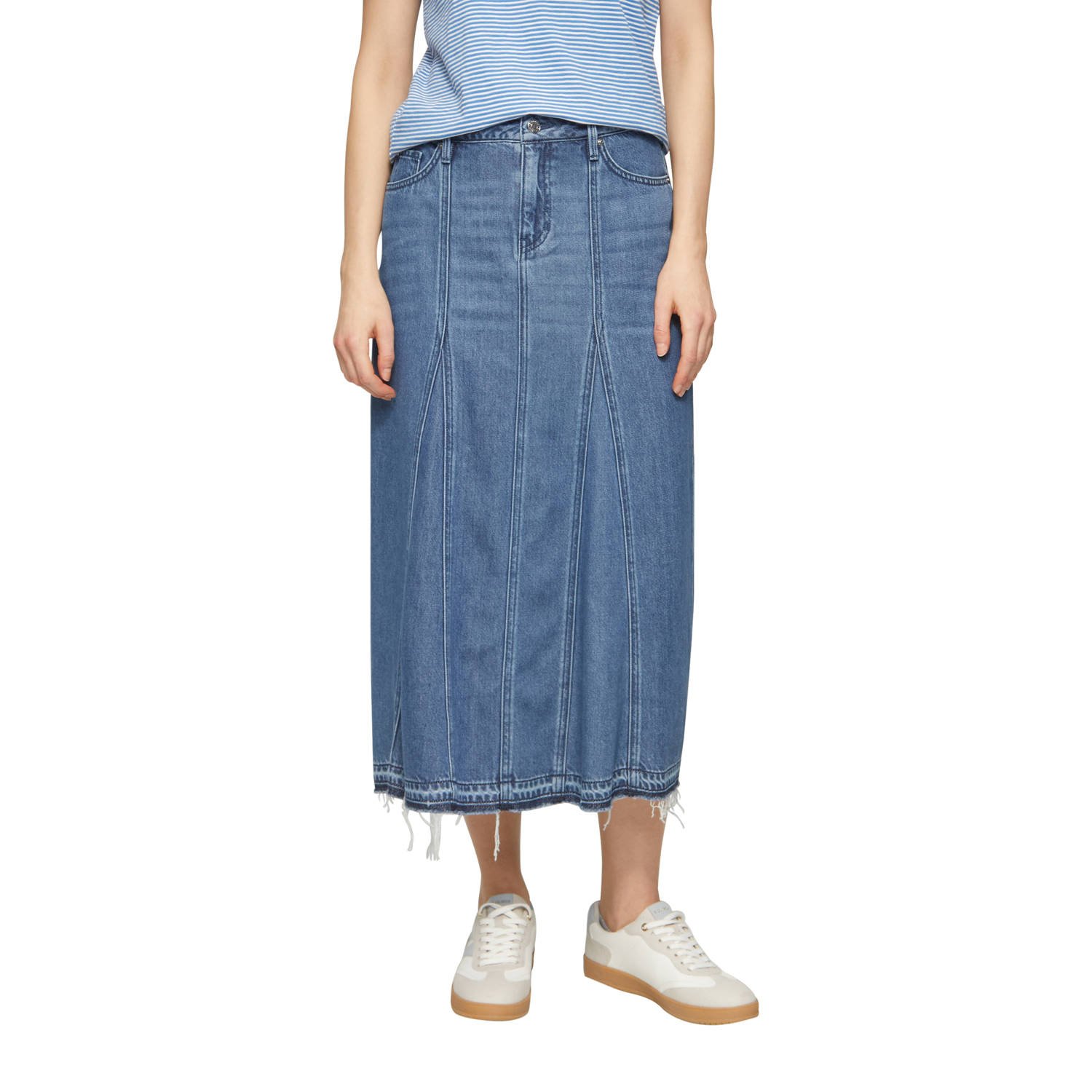 S.Oliver RED LABEL Uitlopende midirok in denim met gerafelde zoom model 'SKIRT'