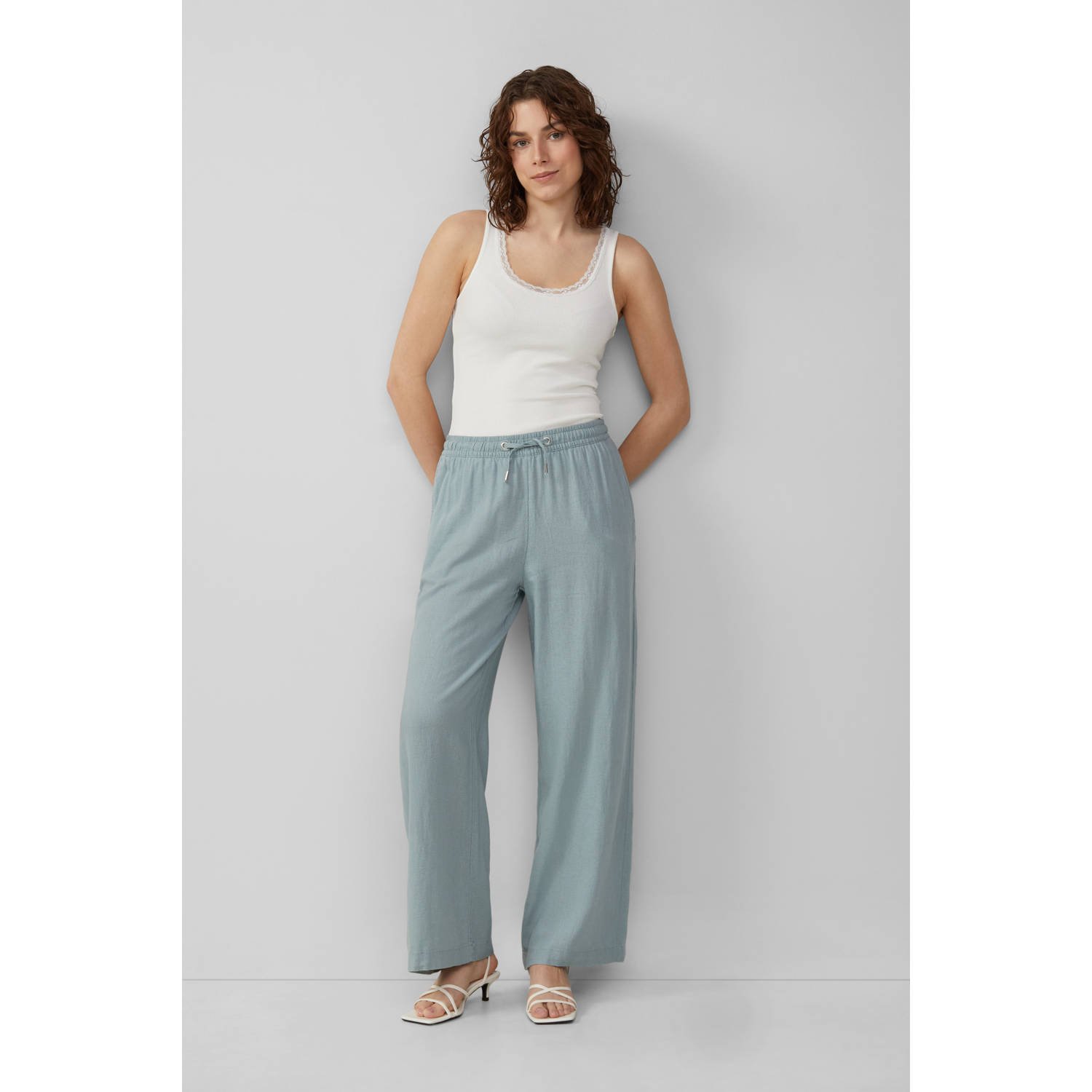 Q S by s.Oliver linnen wide leg regular waist casual broek petrol