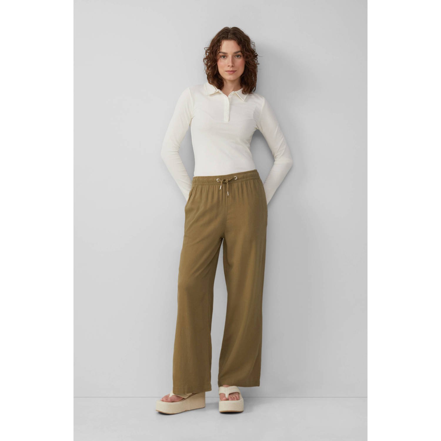 Q S by s.Oliver linnen wide leg regular waist casual broek kaki