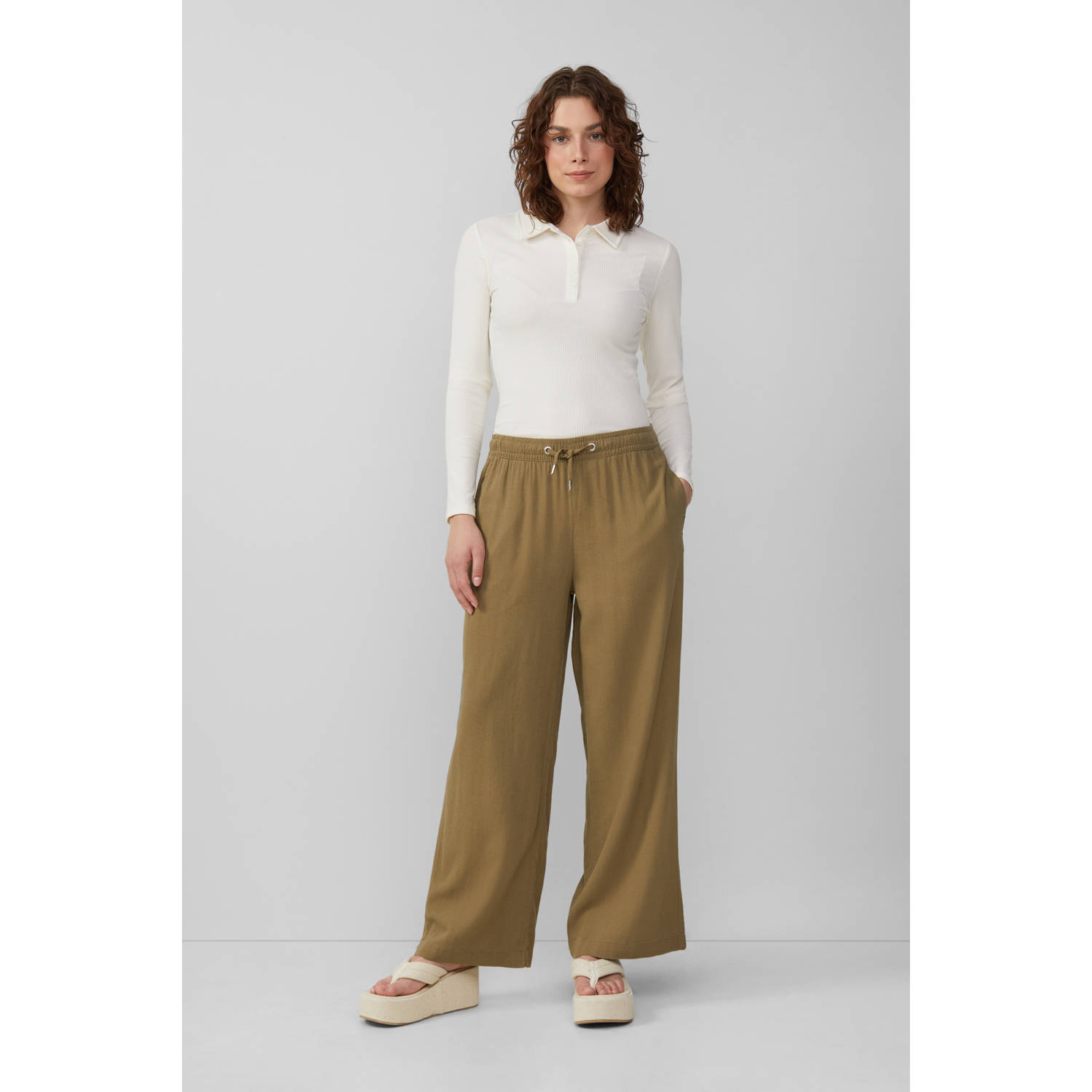 Q S by s.Oliver linnen wide leg regular waist casual broek kaki