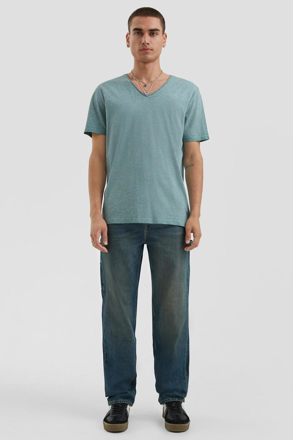 Blauwe heren Q S by s.Oliver T-shirt van katoen met melée print, korte mouwen en V-hals
