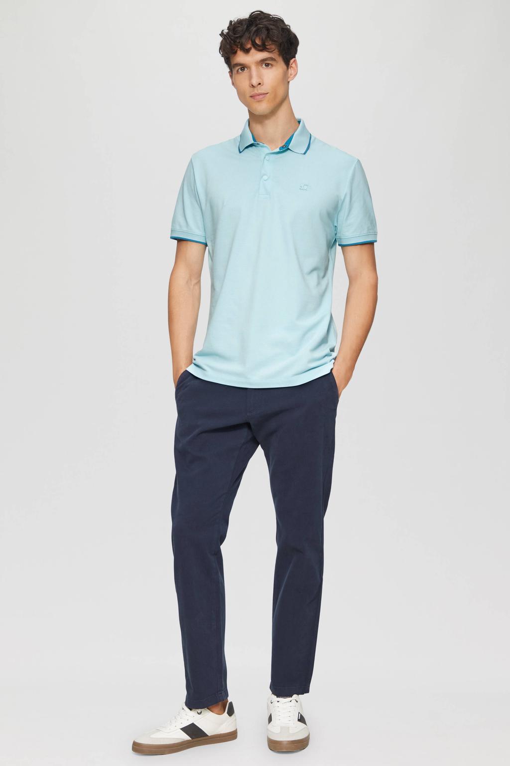 Turquoise heren s.Oliver regular polo van stretchkatoen met effen, korte mouwen, drukknoopsluiting en contrast bies
