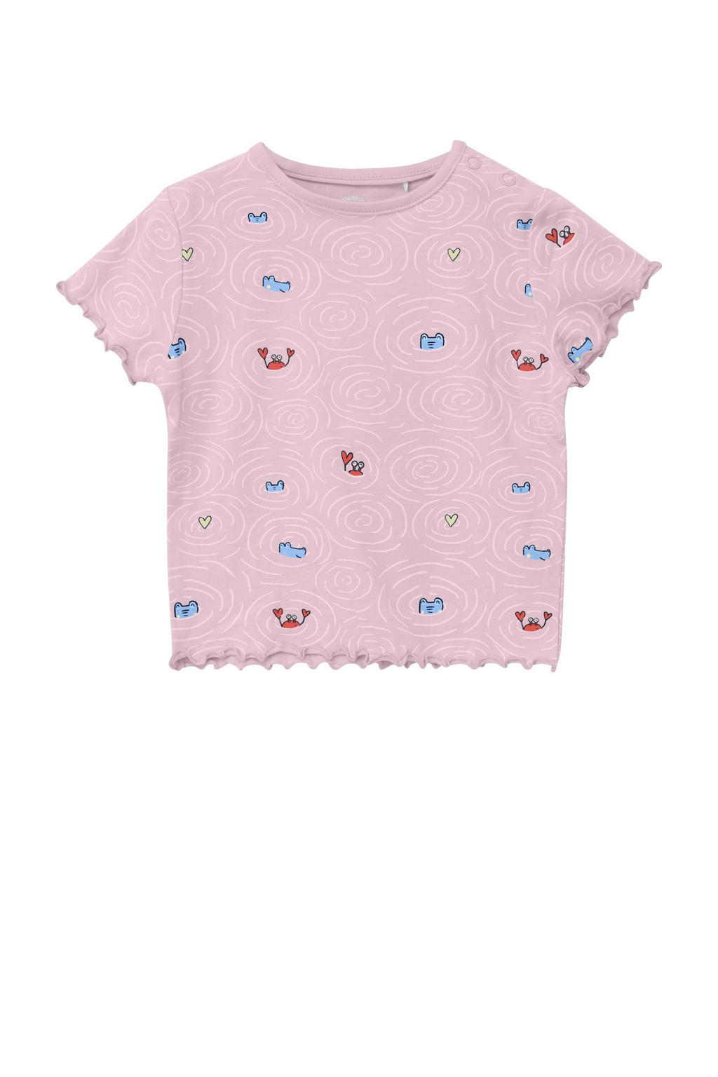 Lichtroze, blauw en rode meisjes s.Oliver T-shirt van stretchkatoen met korte mouwen, ronde hals en drukknoopsluiting