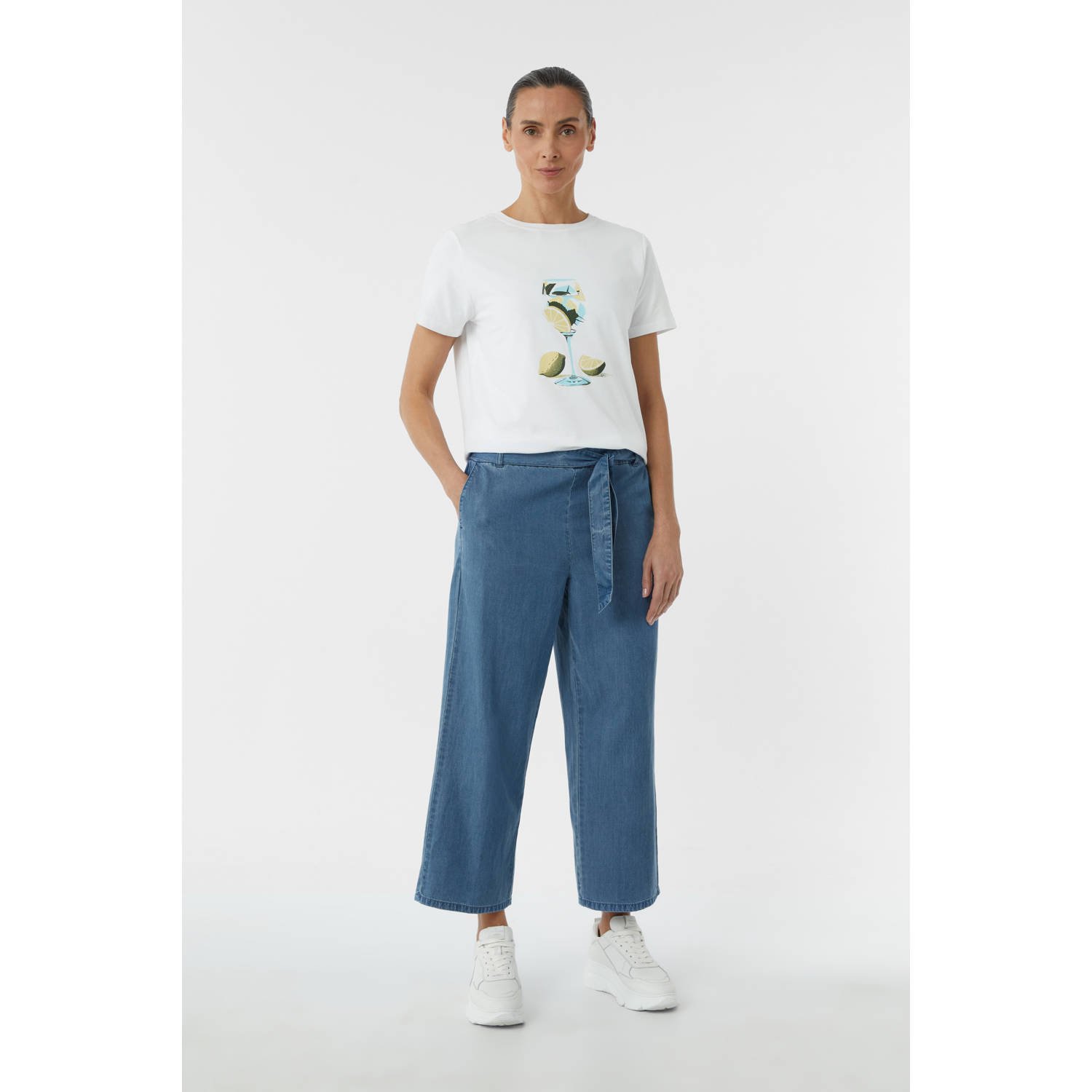Comma wide leg regular waist paperbag broek dark blue denim