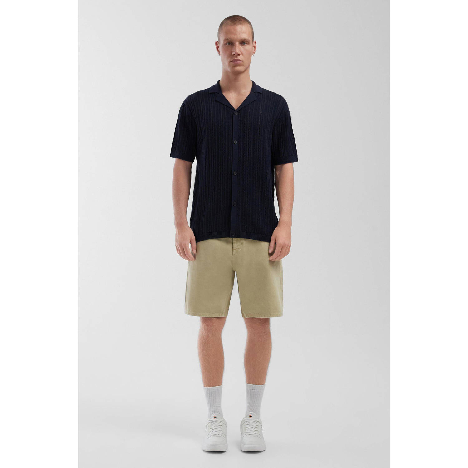 Q S by s.Oliver casual overhemd met ingebreid patroon donkerblauw