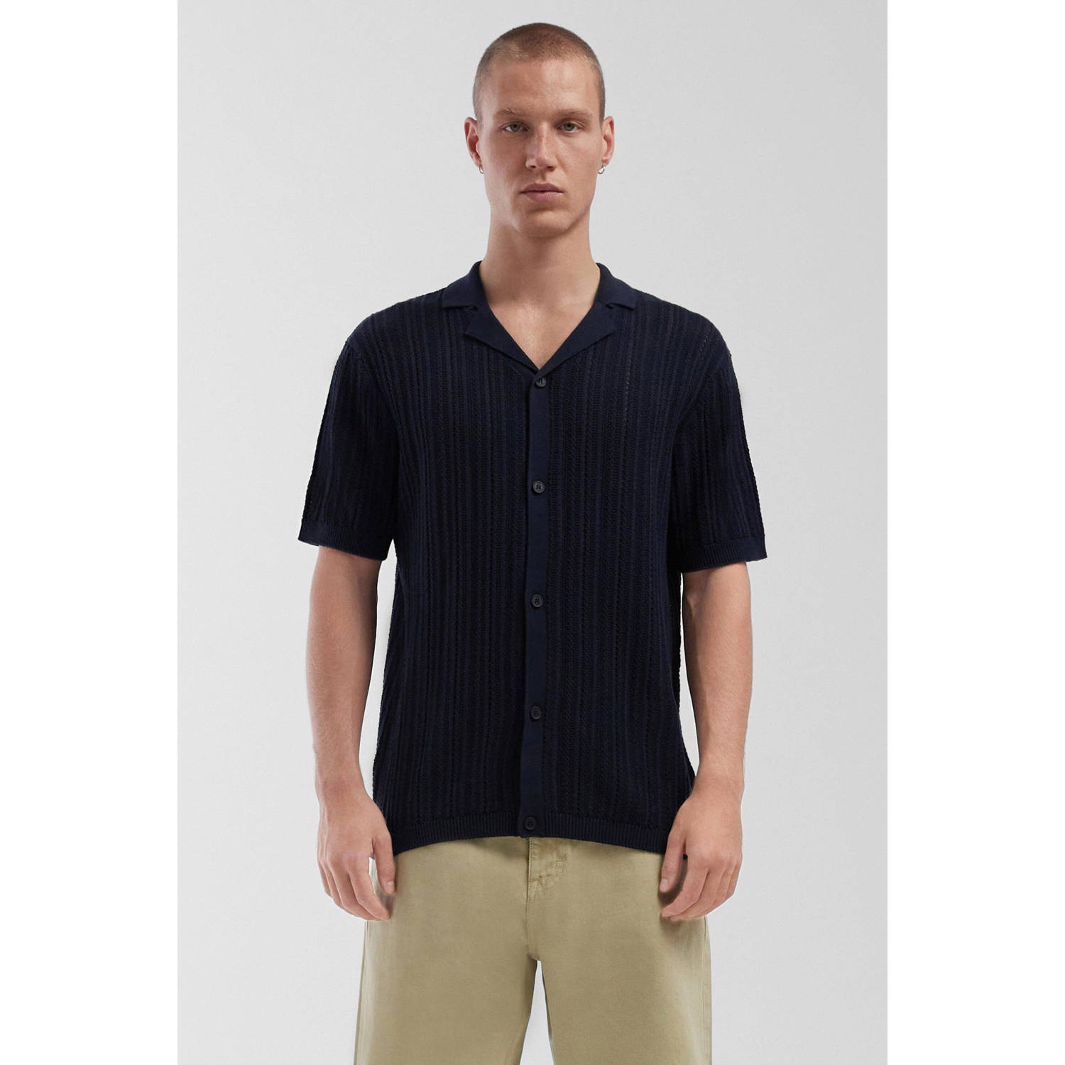 Q S by s.Oliver casual overhemd met ingebreid patroon donkerblauw