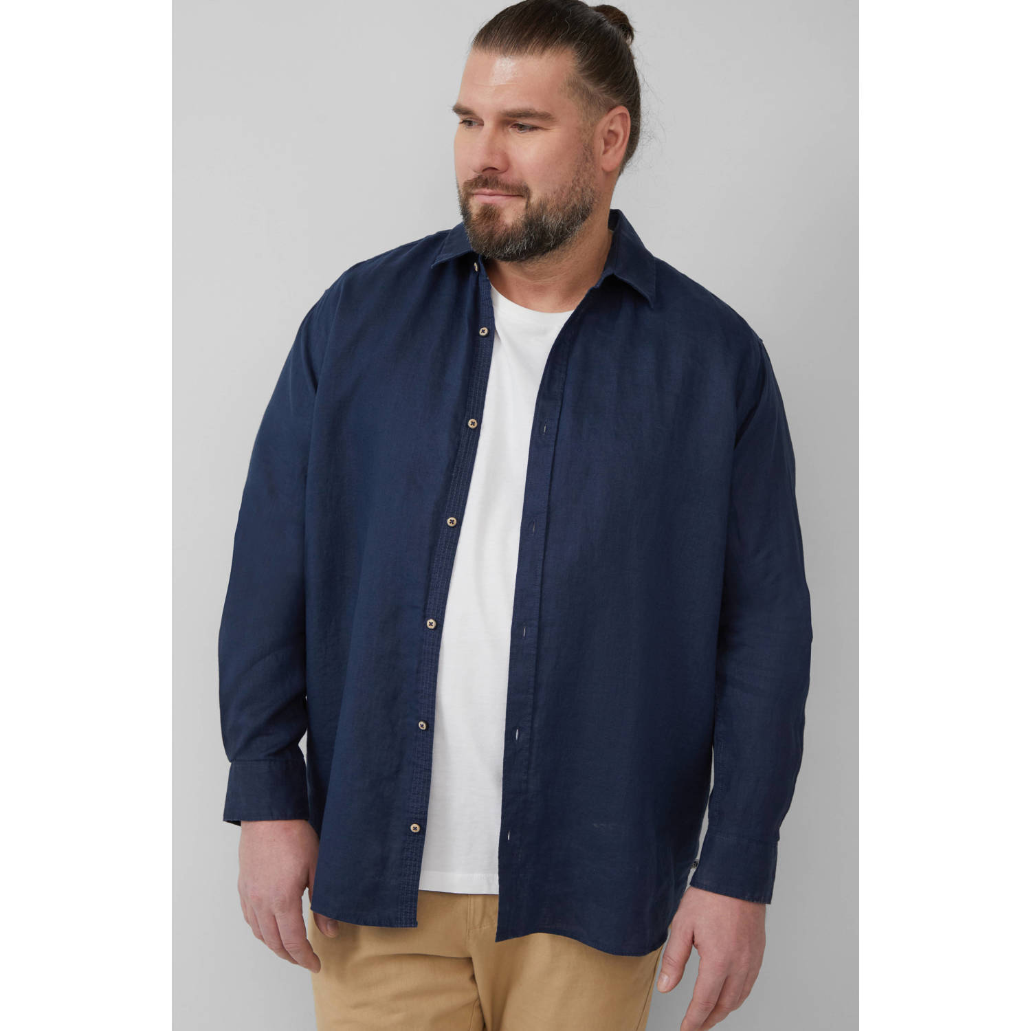 S.Oliver Big Size linnen casual overhemd donkerblauw