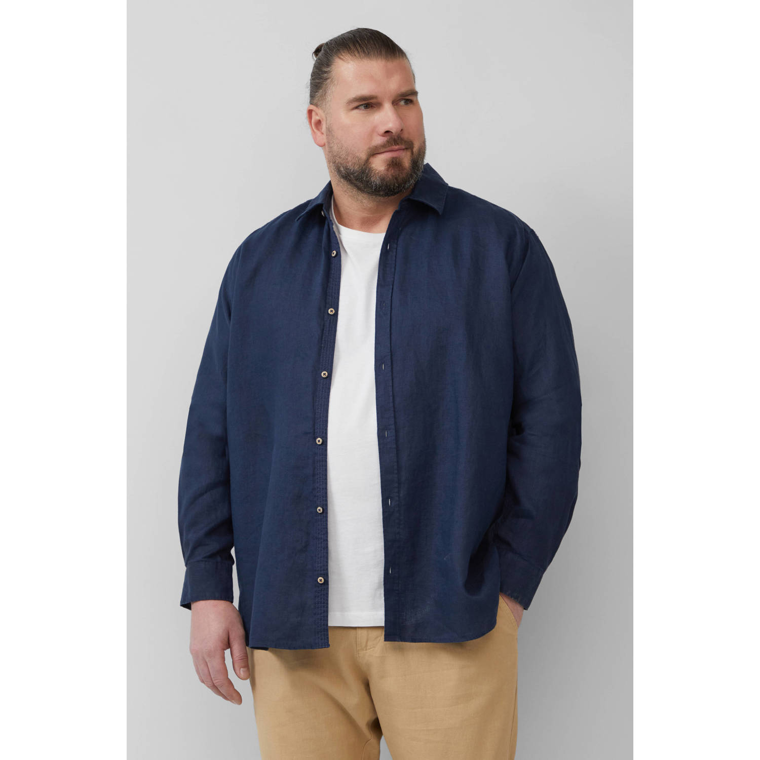 s.Oliver Big Size linnen casual overhemd donkerblauw
