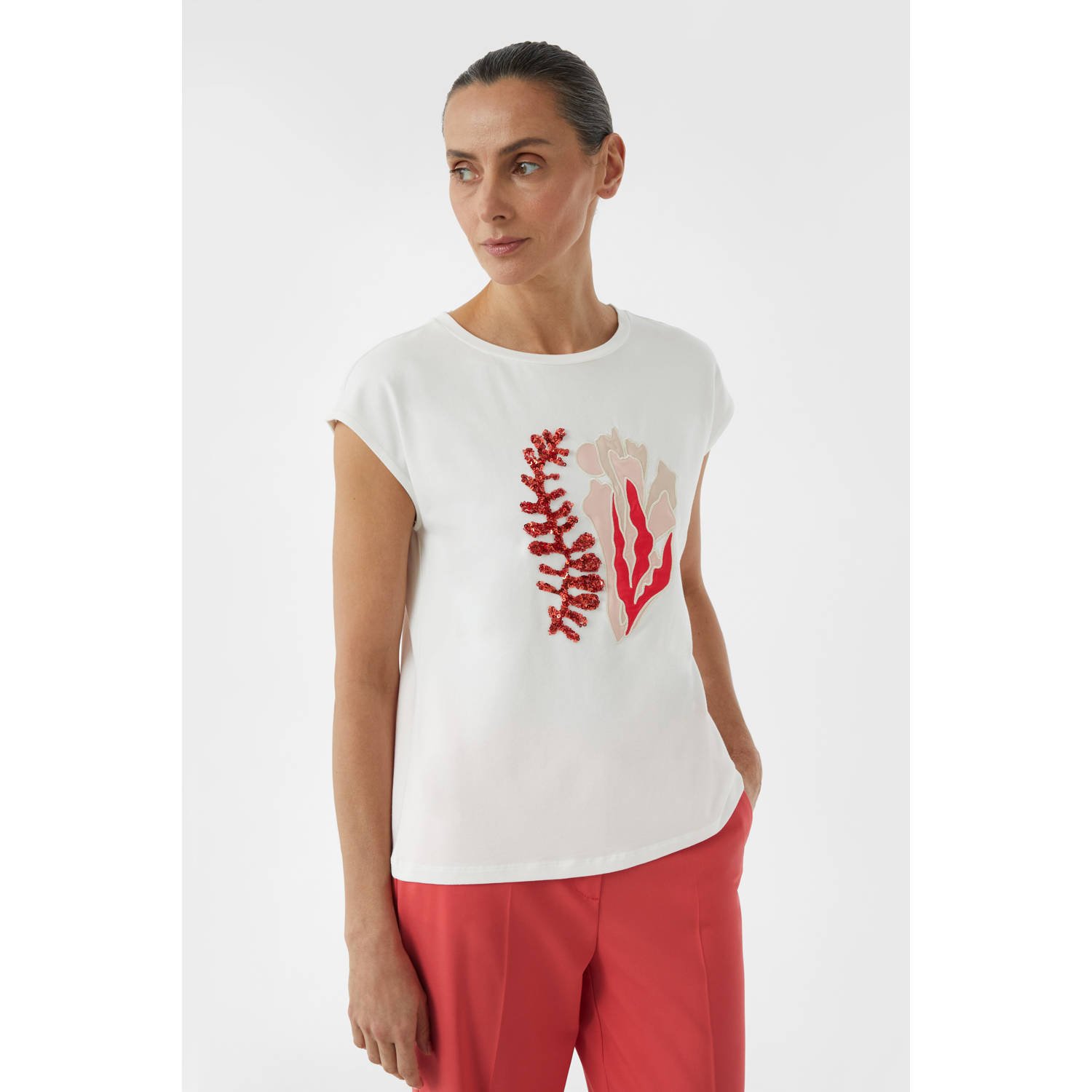 Comma T-shirt met geribde ronde hals