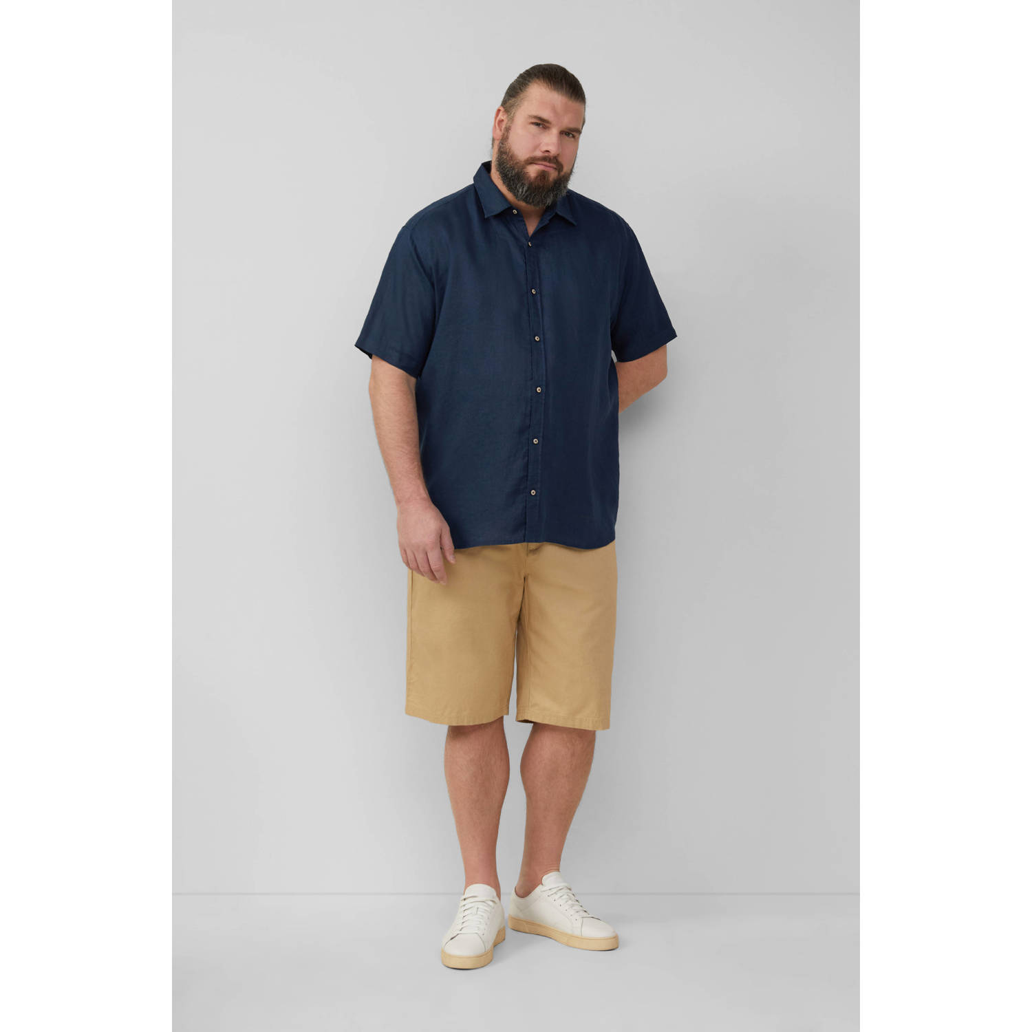 s.Oliver Big Size linnen casual overhemd donkerblauw