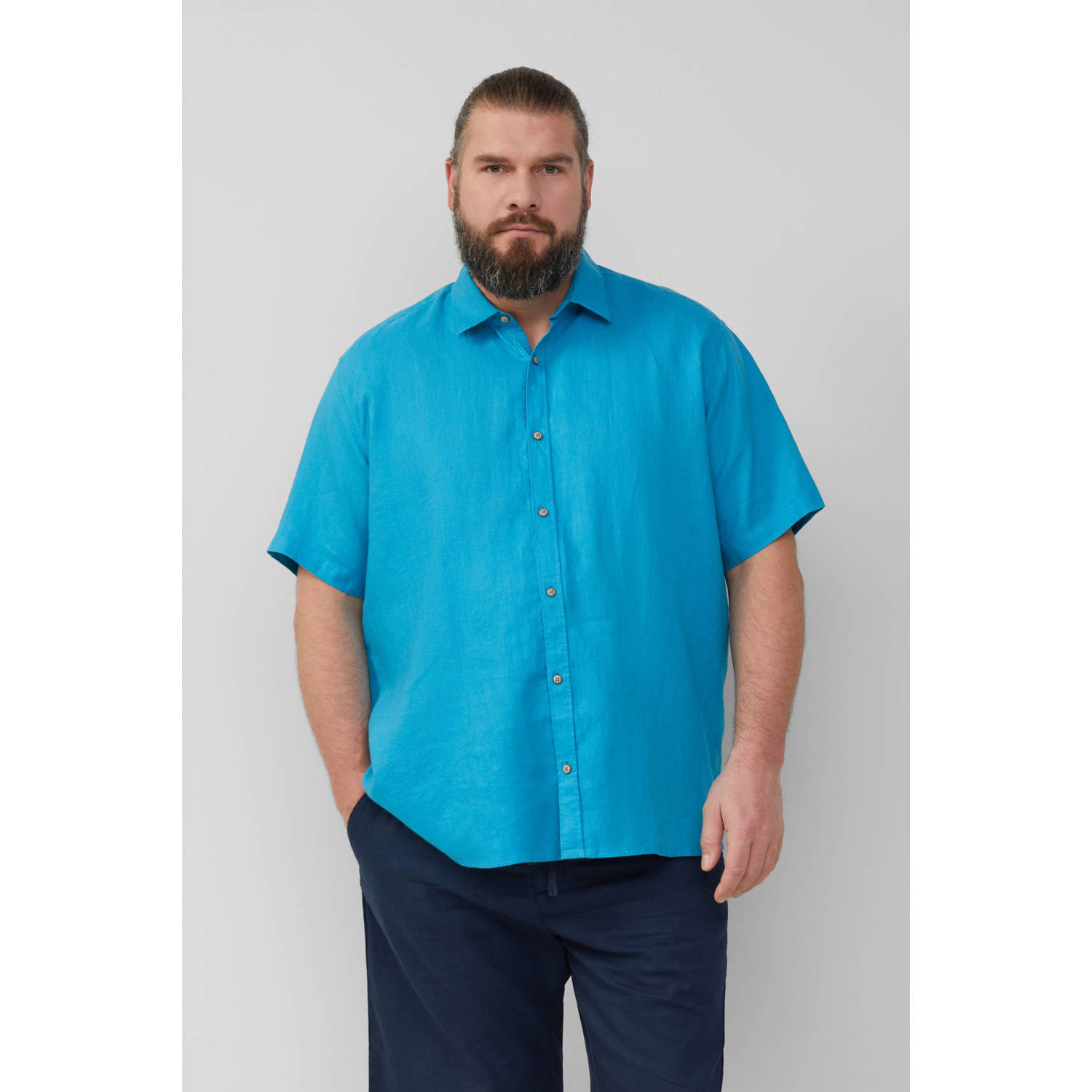 S.Oliver Big Size linnen casual overhemd blauw