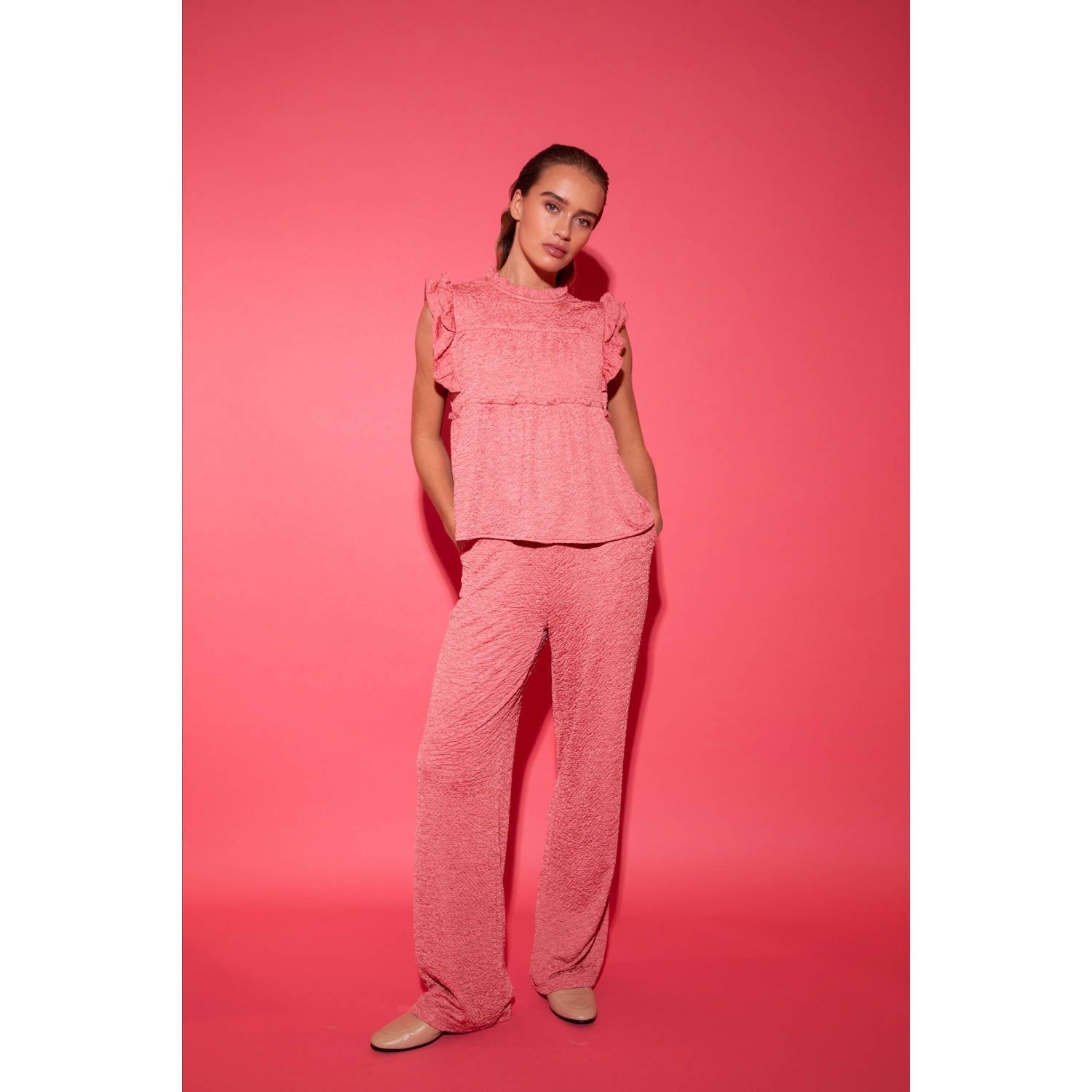 Studio AMAYA straight regular waist broek koraalrood