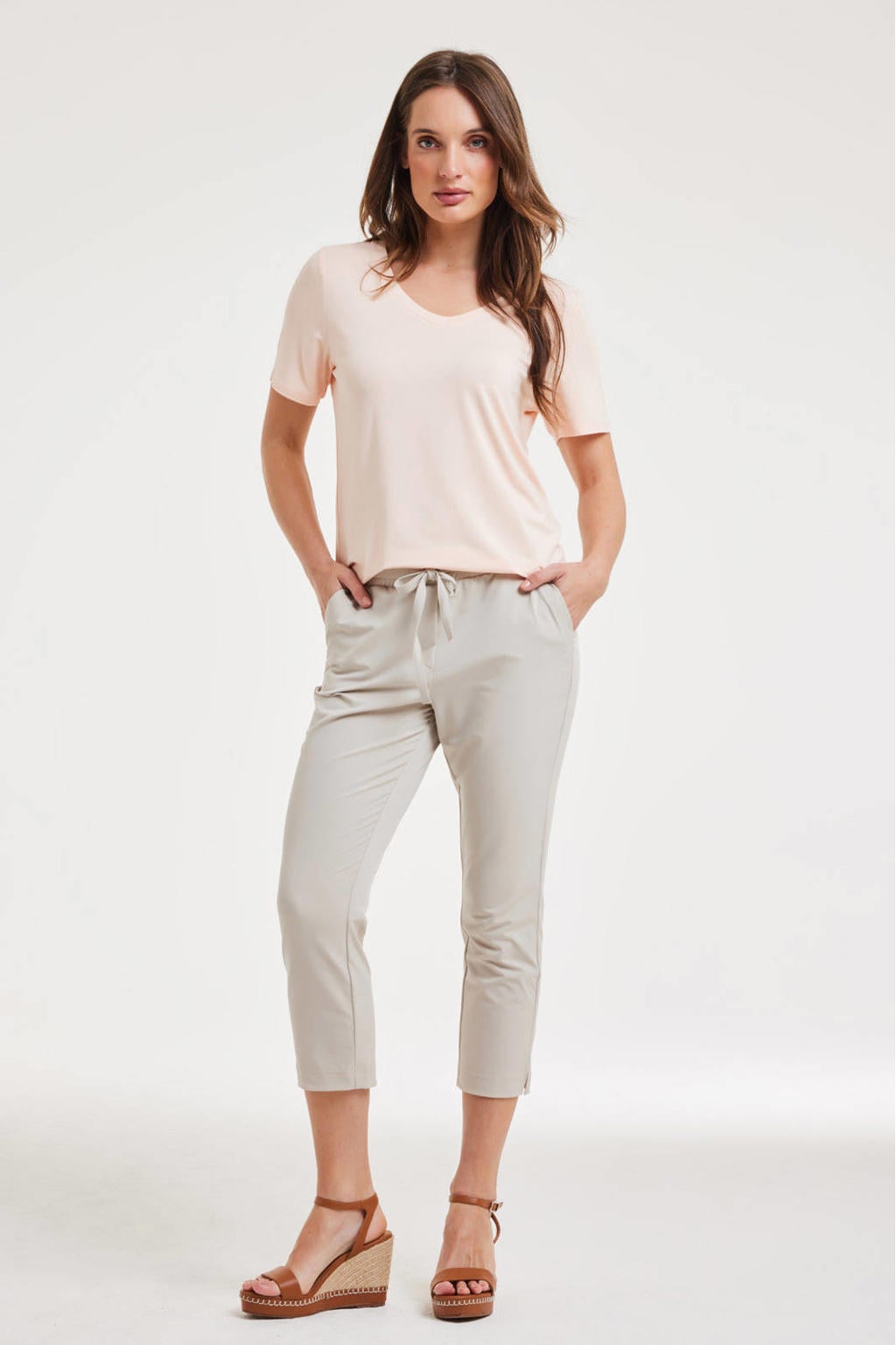 Grijze dames Didi straight regular waist broek van travelstof met elastische tailleband met koord en effen