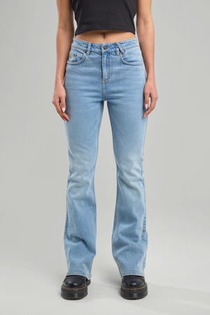 high waist flared jeans light blue denim