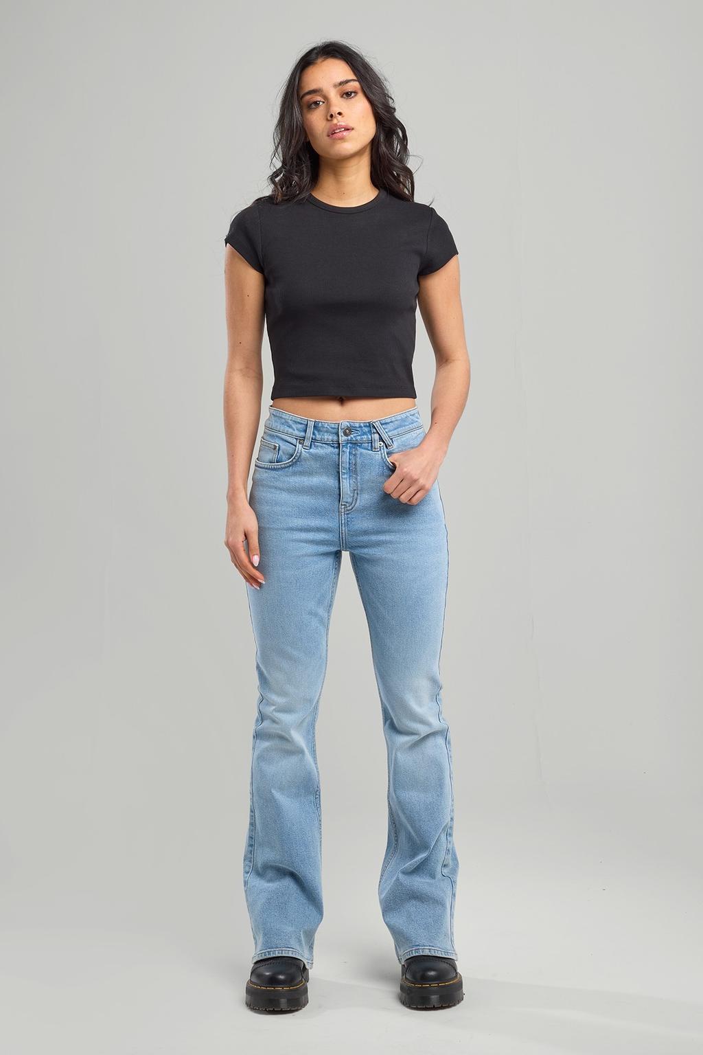 Light blue denim dames America Today high waist flared jeans van denim met rits- en knoopsluiting en effen